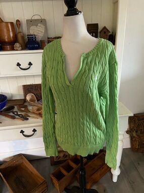 Ralph Lauren Light Green Cable-Knit V-Neck Sweater